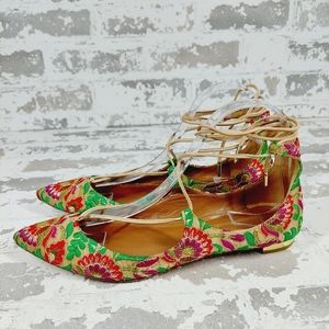 Aquazzura Green and Red Floral Lace-Up Flats